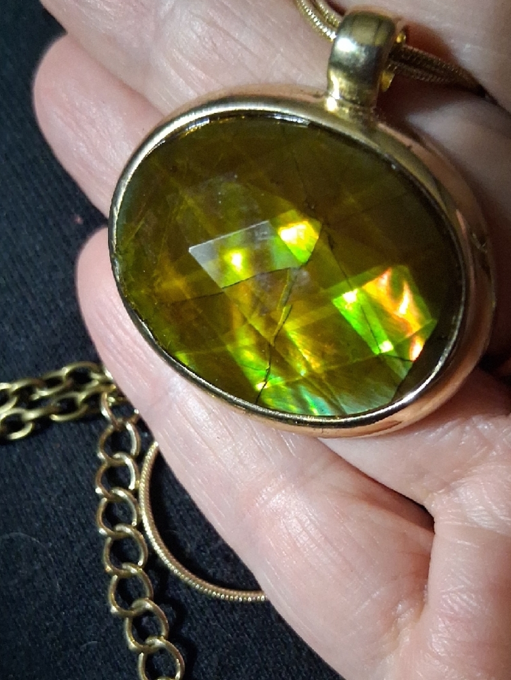 Gold Statement Pendant Necklace with Green-Brown Faceted Stone